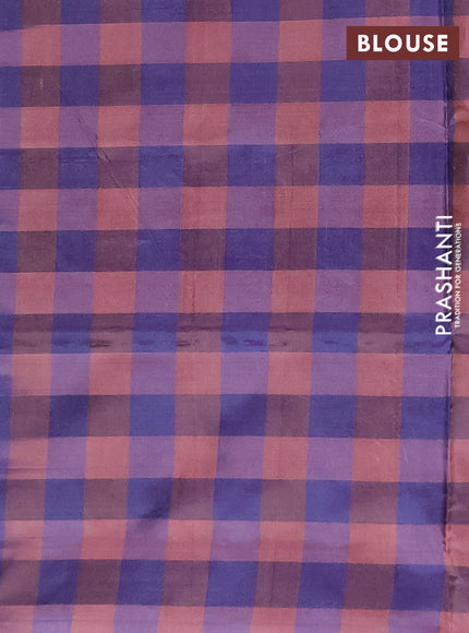 Banana pith saree dual shade of purple and peach shade with allover checks & thread buttas in borderless style