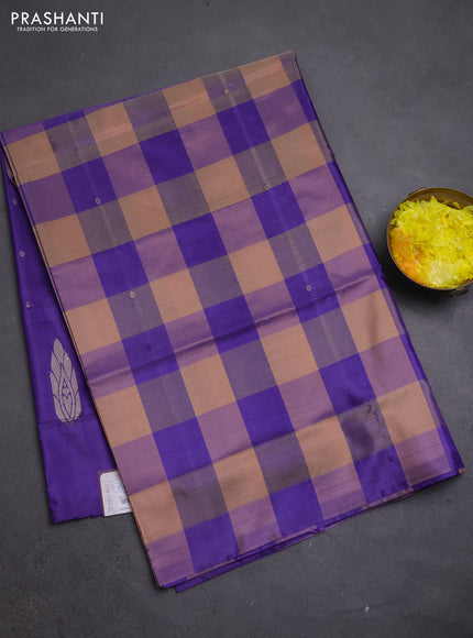 Banana pith saree sandal and violet with allover checks & thread woven buttas in borderless style