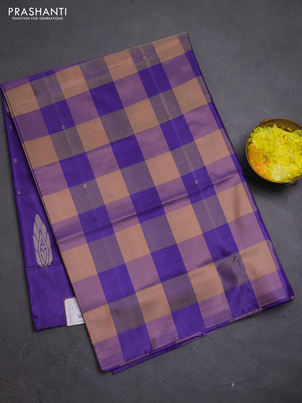 Banana pith saree sandal and violet with allover checks & thread woven buttas in borderless style