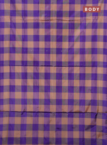 Banana pith saree sandal and violet with allover checks & thread woven buttas in borderless style