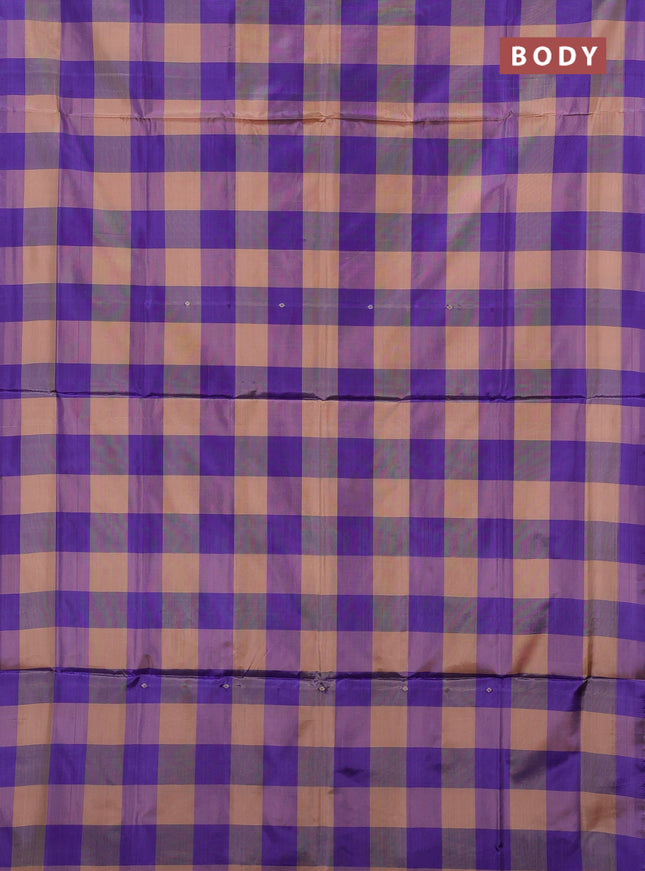 Banana pith saree sandal and violet with allover checks & thread woven buttas in borderless style