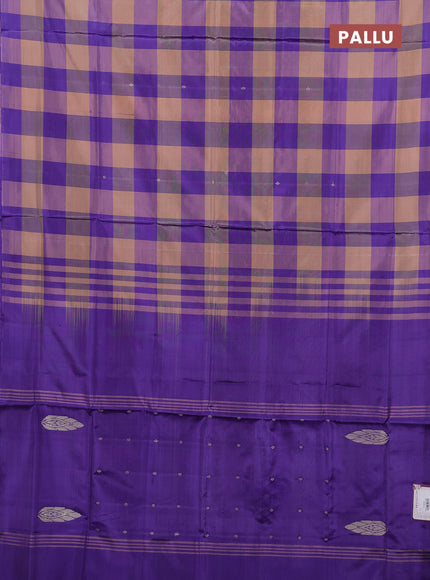Banana pith saree sandal and violet with allover checks & thread woven buttas in borderless style