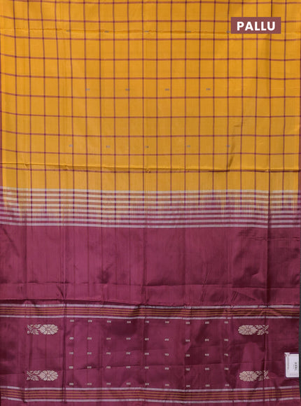 Banana pith saree mustard yellow and maroon with allover checks & thread woven buttas and piping border
