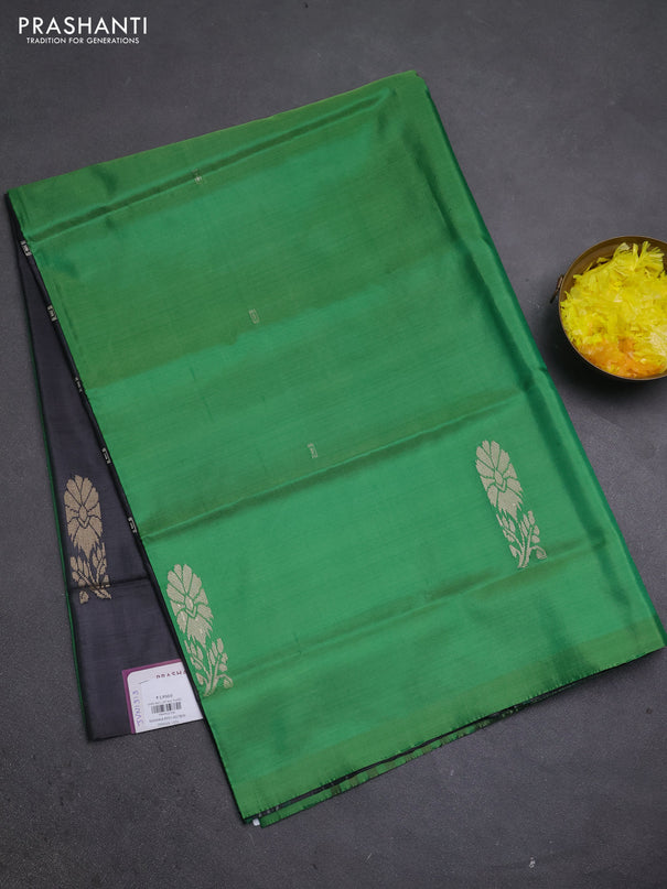 Banana pith saree green and elephant grey with thread woven buttas in borderless style