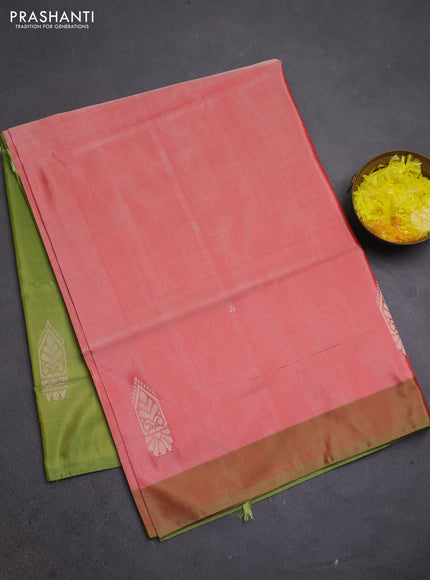 Banana pith saree red and light green with thread woven buttas and simple border