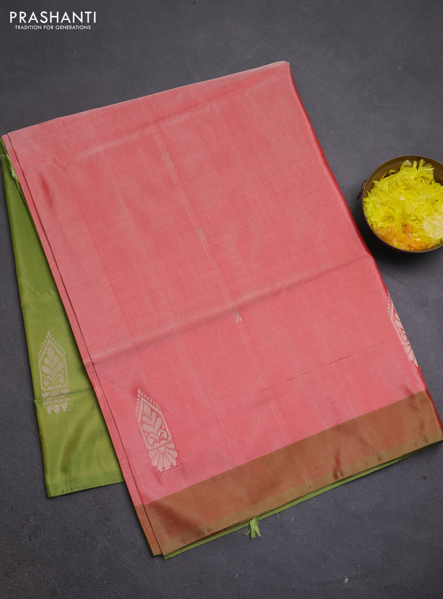 Banana pith saree red and light green with thread woven buttas and simple border