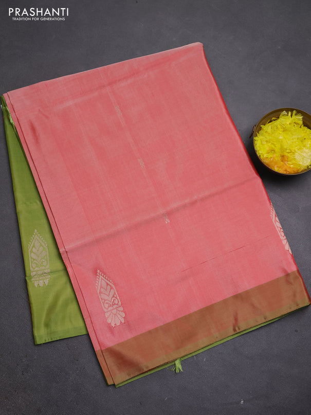 Banana pith saree red and light green with thread woven buttas and simple border