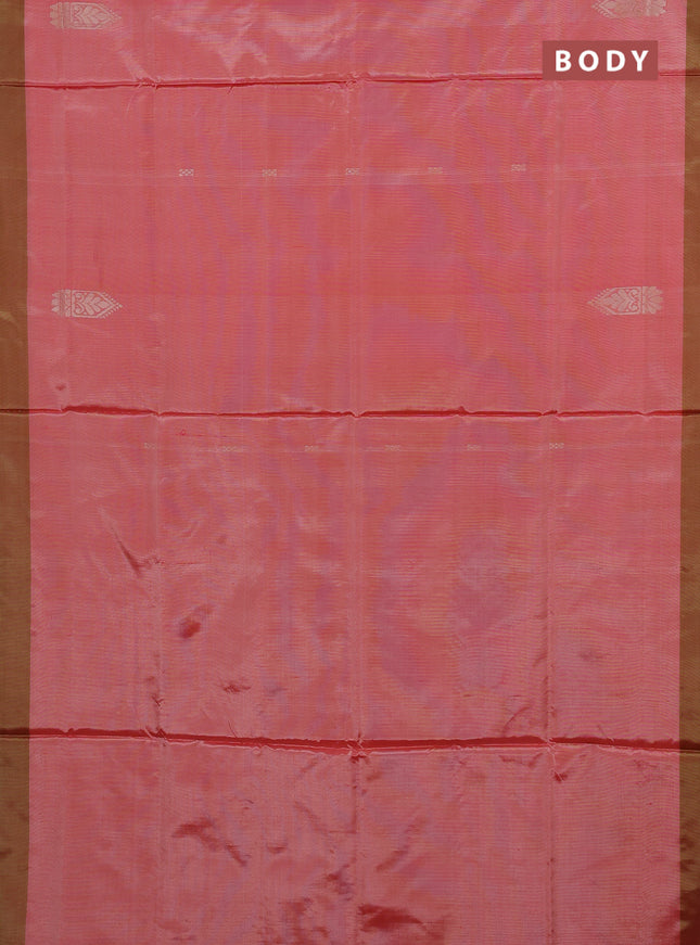 Banana pith saree red and light green with thread woven buttas and simple border