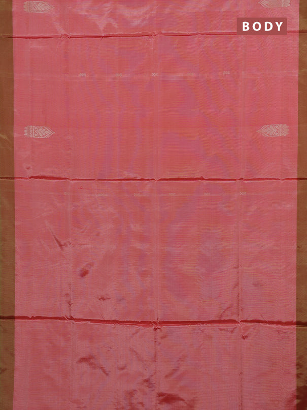 Banana pith saree red and light green with thread woven buttas and simple border