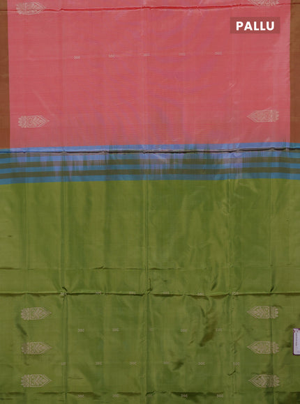 Banana pith saree red and light green with thread woven buttas and simple border