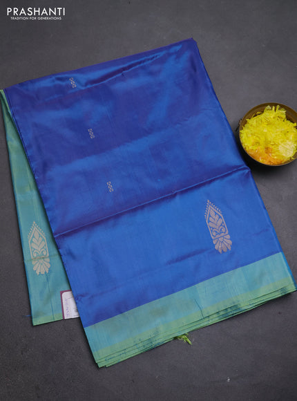 Banana pith saree blue and light green with thread woven buttas and simple border