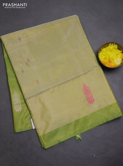 Banana pith saree beige and lime green with thread woven buttas and simple border