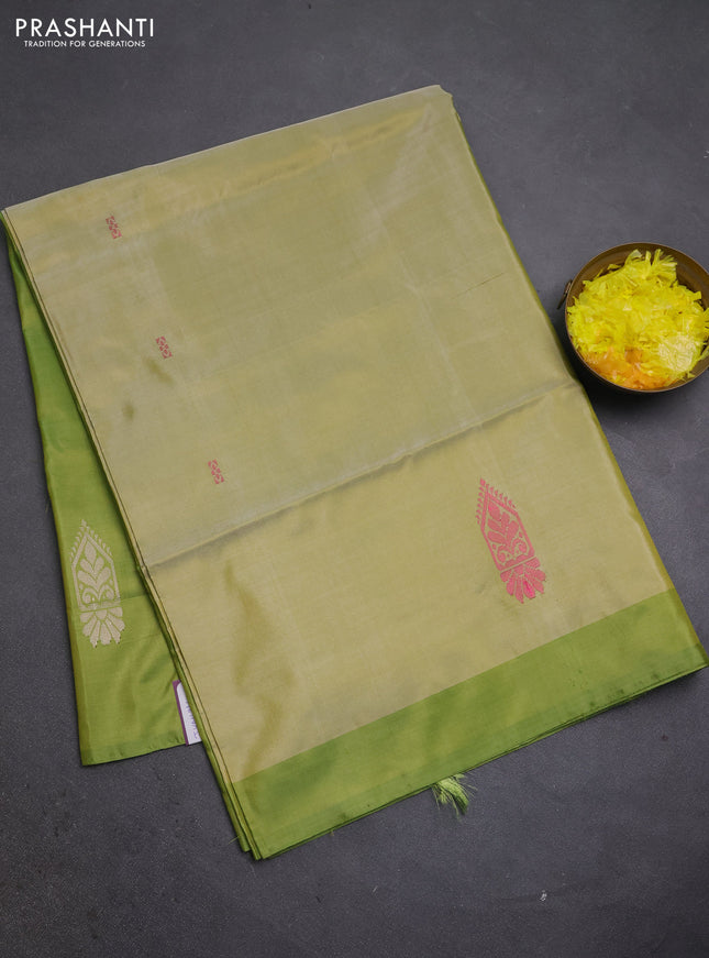 Banana pith saree beige and lime green with thread woven buttas and simple border