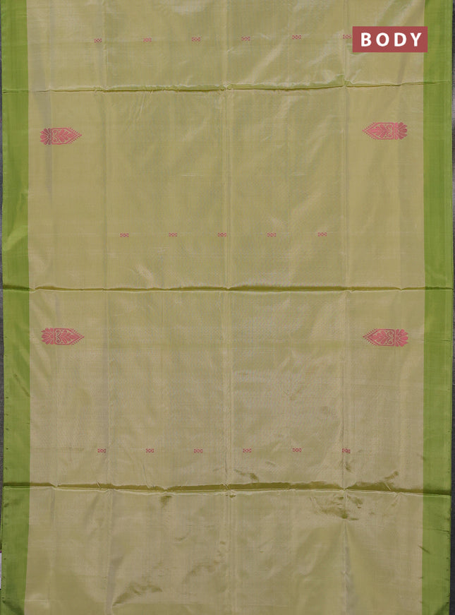 Banana pith saree beige and lime green with thread woven buttas and simple border