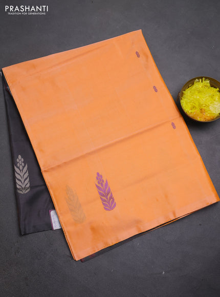 Banana pith saree peach orange and elephant grey with thread woven buttas in borderless style