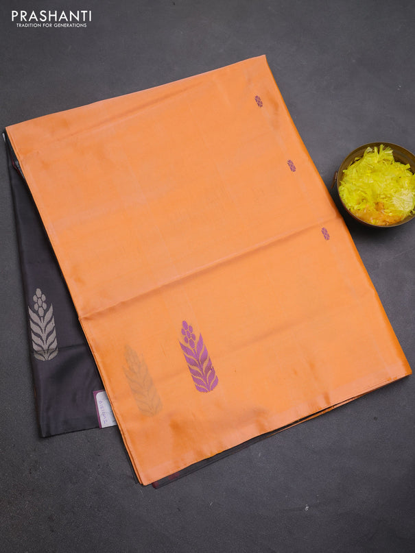 Banana pith saree peach orange and elephant grey with thread woven buttas in borderless style