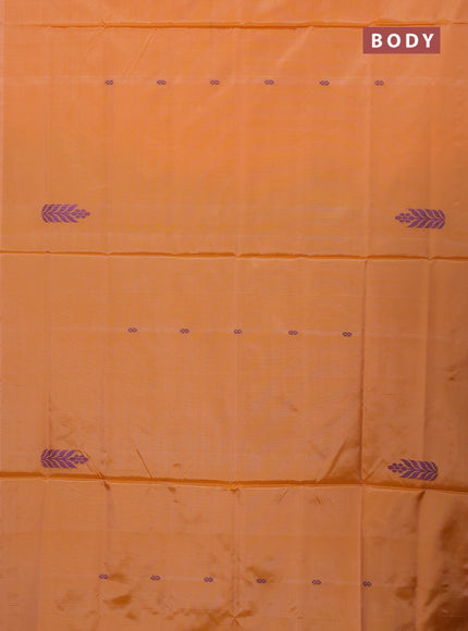 Banana pith saree peach orange and elephant grey with thread woven buttas in borderless style