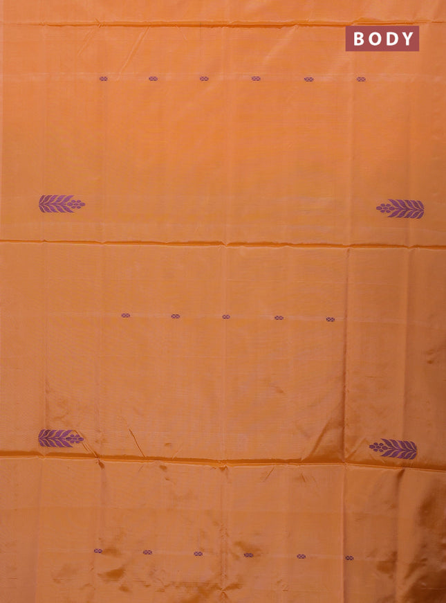 Banana pith saree peach orange and elephant grey with thread woven buttas in borderless style