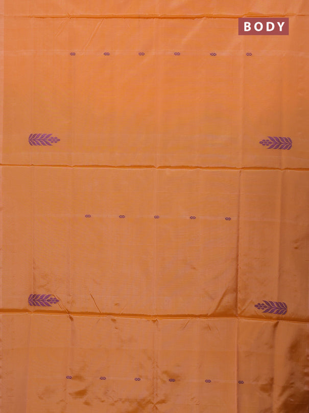 Banana pith saree peach orange and elephant grey with thread woven buttas in borderless style
