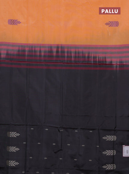 Banana pith saree peach orange and elephant grey with thread woven buttas in borderless style