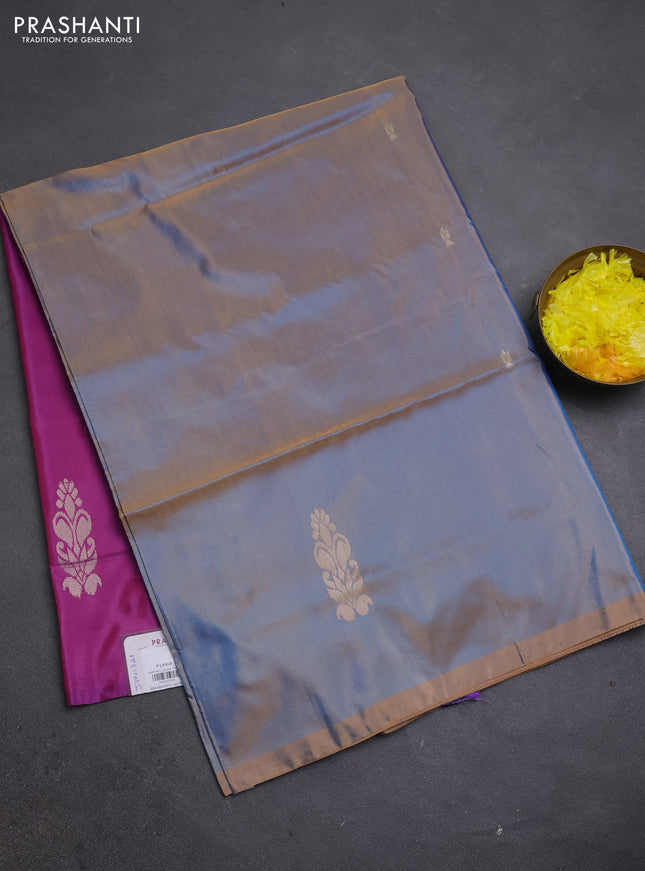 Banana pith saree dual shade of blue and purple with thread woven buttas in borderless style