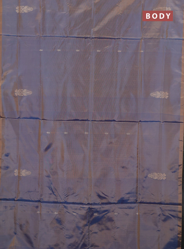 Banana pith saree dual shade of blue and purple with thread woven buttas in borderless style