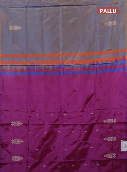 Banana pith saree dual shade of blue and purple with thread woven buttas in borderless style