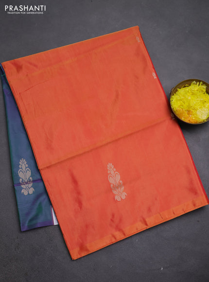 Banana pith saree sunset orange and dual shade of purple with thread woven buttas in borderless style