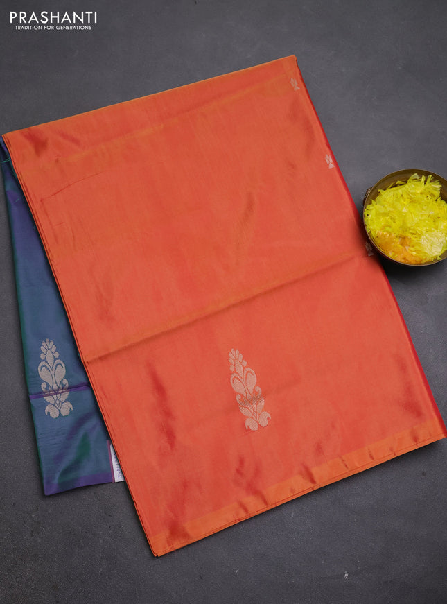 Banana pith saree sunset orange and dual shade of purple with thread woven buttas in borderless style