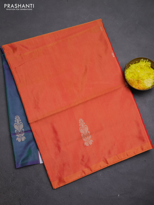Banana pith saree sunset orange and dual shade of purple with thread woven buttas in borderless style