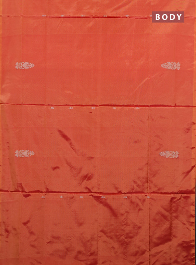 Banana pith saree sunset orange and dual shade of purple with thread woven buttas in borderless style