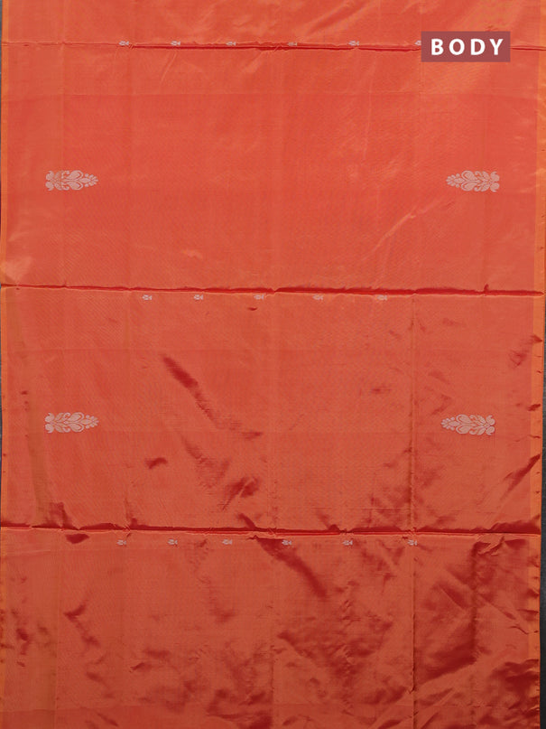Banana pith saree sunset orange and dual shade of purple with thread woven buttas in borderless style