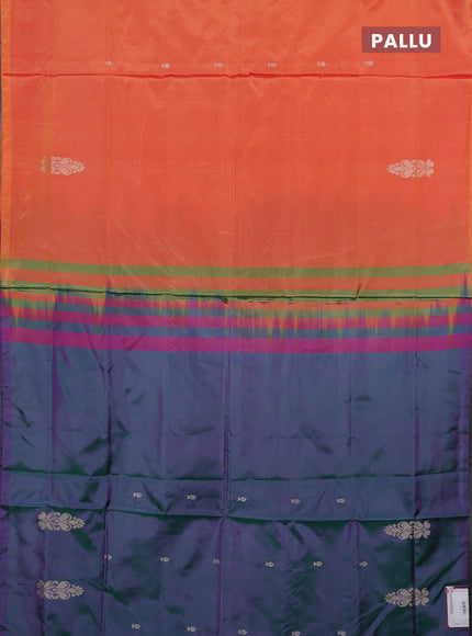 Banana pith saree sunset orange and dual shade of purple with thread woven buttas in borderless style