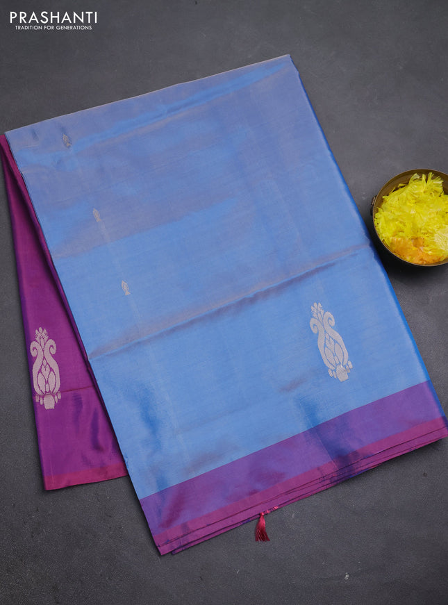 Banana pith saree pastel blue and dual shade of bluish pink with thread woven buttas and simple border