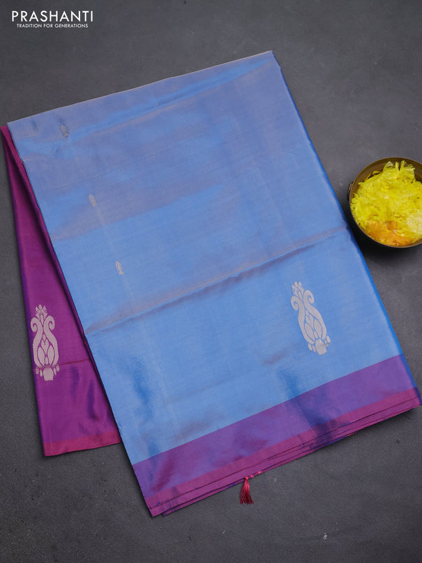 Banana pith saree pastel blue and dual shade of bluish pink with thread woven buttas and simple border