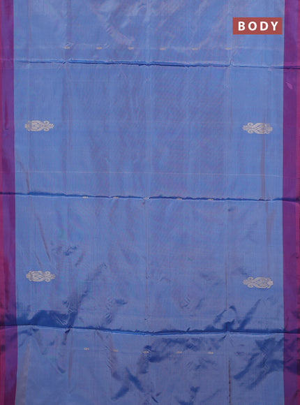 Banana pith saree pastel blue and dual shade of bluish pink with thread woven buttas and simple border