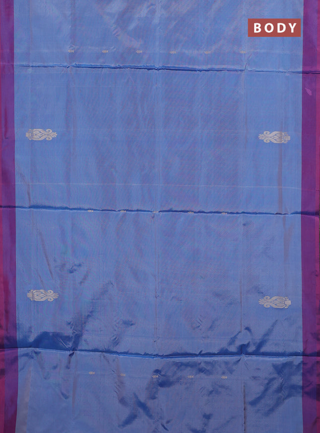 Banana pith saree pastel blue and dual shade of bluish pink with thread woven buttas and simple border