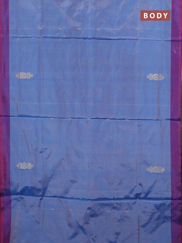 Banana pith saree pastel blue and dual shade of bluish pink with thread woven buttas and simple border