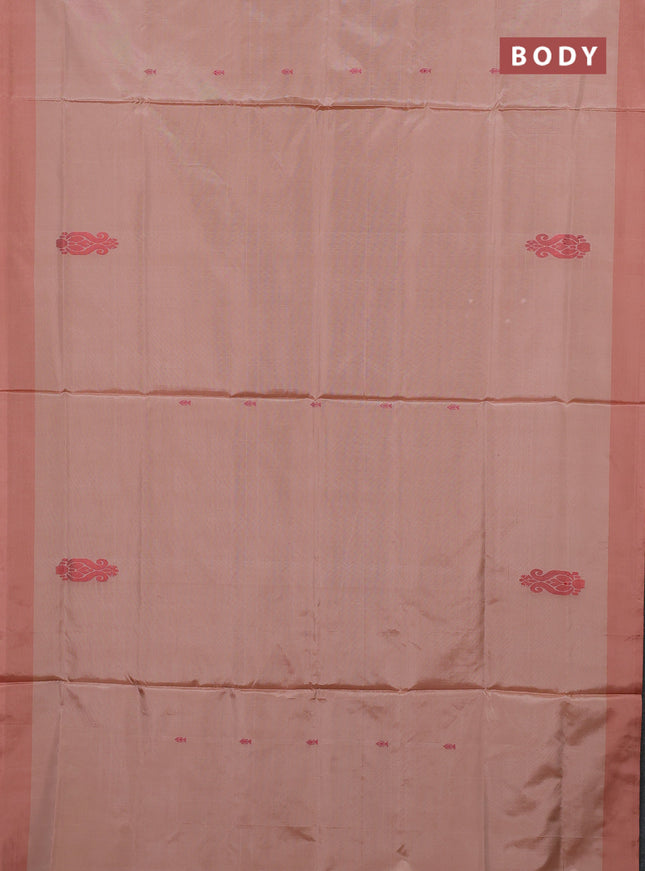 Banana pith saree peach shade with thread woven buttas and simple border