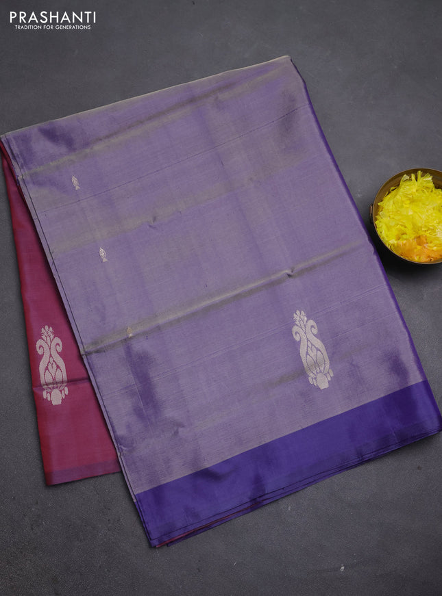 Banana pith saree dual shade of blue and maroon with thread woven buttas and simple border