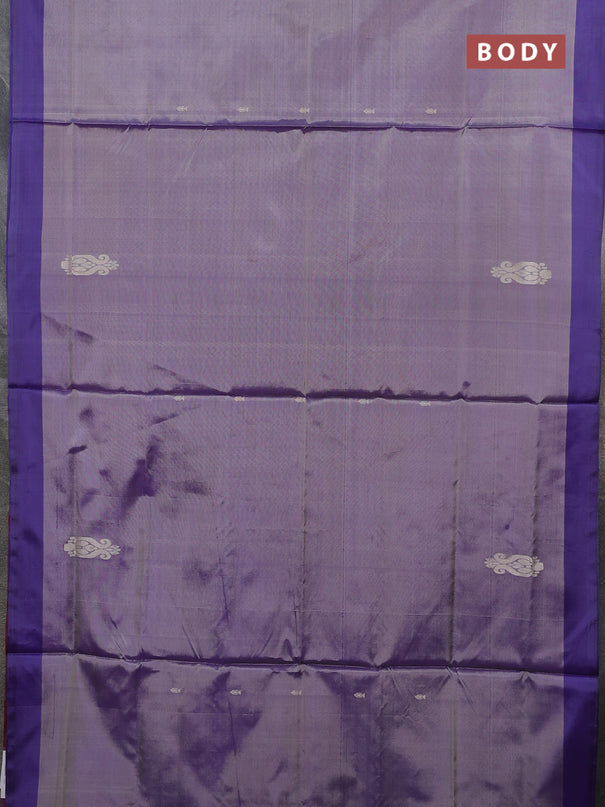 Banana pith saree dual shade of blue and maroon with thread woven buttas and simple border