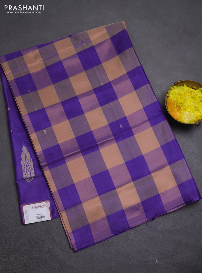 Banana pith saree sandal and violet with allover checks & thread buttas in borderless style