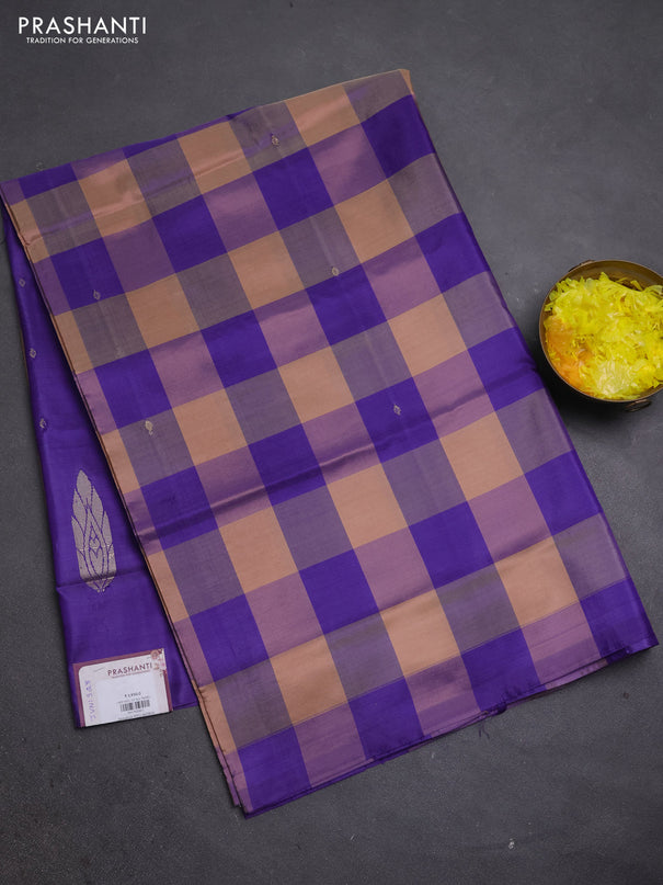 Banana pith saree sandal and violet with allover checks & thread buttas in borderless style