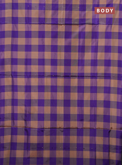 Banana pith saree sandal and violet with allover checks & thread buttas in borderless style