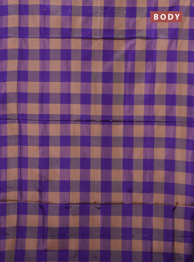 Banana pith saree sandal and violet with allover checks & thread buttas in borderless style