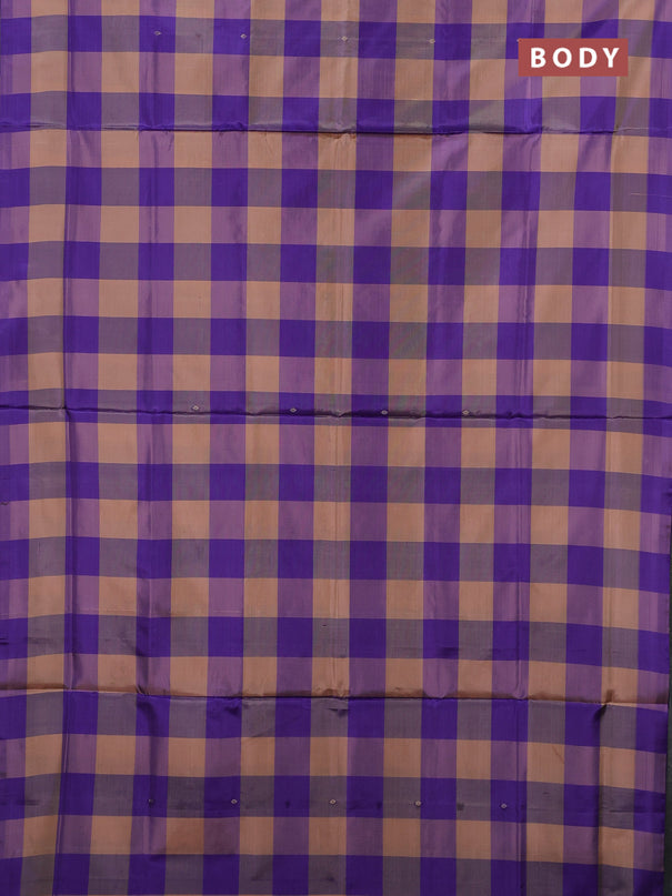 Banana pith saree sandal and violet with allover checks & thread buttas in borderless style