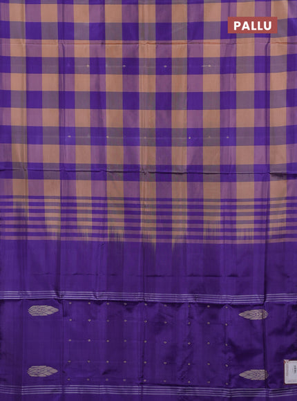 Banana pith saree sandal and violet with allover checks & thread buttas in borderless style