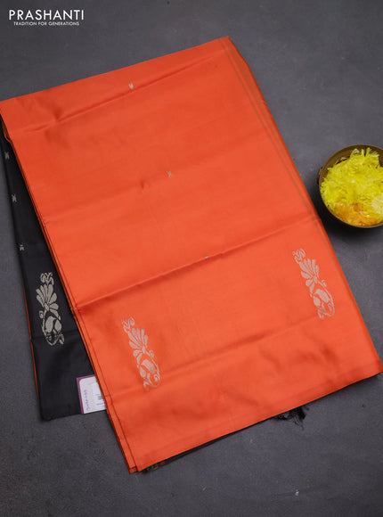 Banana pith saree orange and black with thread woven buttas in borderless style
