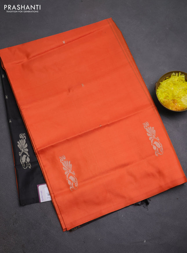 Banana pith saree orange and black with thread woven buttas in borderless style