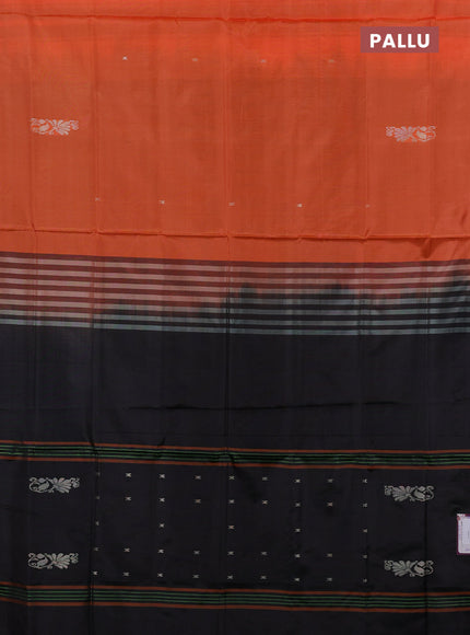 Banana pith saree orange and black with thread woven buttas in borderless style